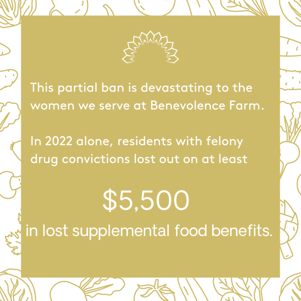 The partial ban is devastating to the women we serve at Benevolence Farm. In 2022 alone, residents with felony convictions lost out on at least $5,500 in lost supplemental food benefits. 